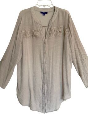 Apt. 9 Light Cream Button-Down Crochet Yoke Women's Shirt Size Large